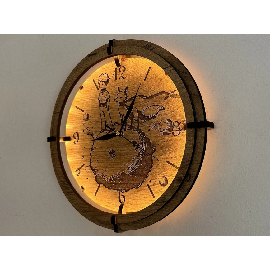 Li-Go 23712/DUB/BAT2 - LED ρολόι με ρύθμιση φωτεινότητας και αισθητήρα κίνησης LED/10W/5V 20000 mAh + 1xAA Ø 32 cm δρυς/Μικρός Πρίγκιπας