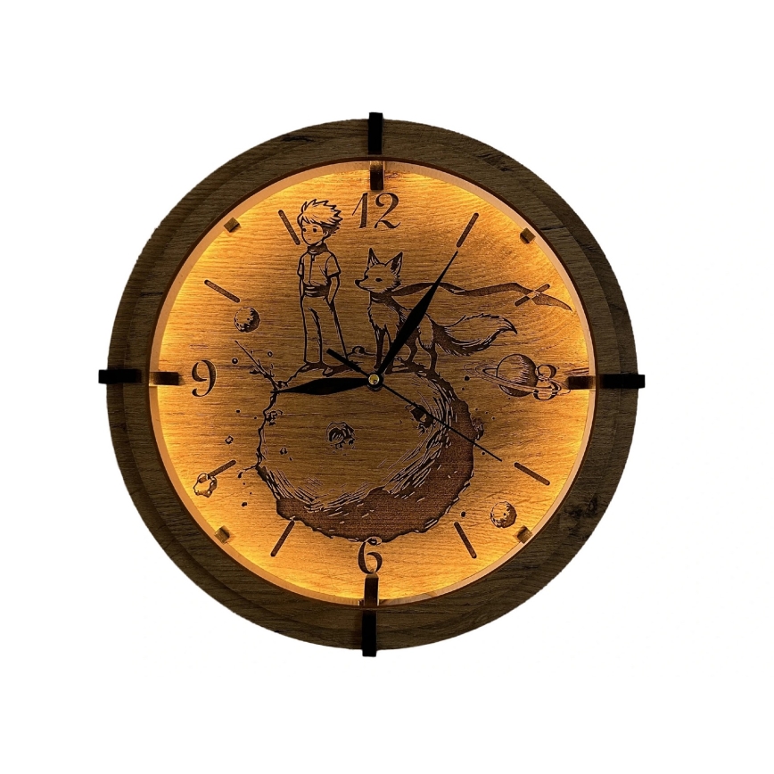 Li-Go 23712/DUB/BAT2 - LED ρολόι με ρύθμιση φωτεινότητας και αισθητήρα κίνησης LED/10W/5V 20000 mAh + 1xAA Ø 32 cm δρυς/Μικρός Πρίγκιπας