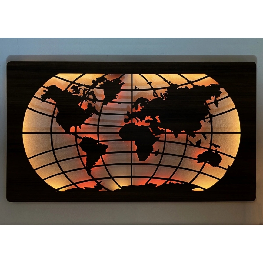 Li-Go 4709/DUB2 - Επιτοίχια διακόσμηση LED RGBW με ρύθμιση φωτεινότητας LED/24W/230V 125x74 cm σε απόχρωση δρυός/Χάρτης κόσμου - παράλληλοι + τηλεχειριστήριο