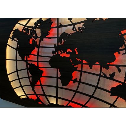 Li-Go 4709/DUB2 - Επιτοίχια διακόσμηση LED RGBW με ρύθμιση φωτεινότητας LED/24W/230V 125x74 cm σε απόχρωση δρυός/Χάρτης κόσμου - παράλληλοι + τηλεχειριστήριο