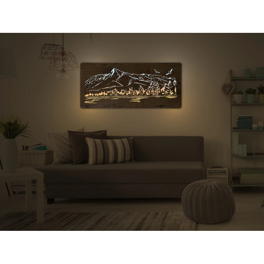 Li-Go 5589/A/DUB2 - LED ρυθμιζόμενο επιτοίχιο διακοσμητικό LED/10W/5V 30000 mAh 110x50 cm δρυς/Βουνά με πουλιά