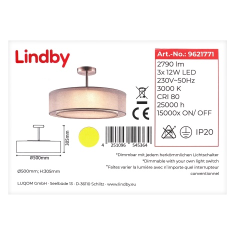 Lindby - LED Dimmable κρεμαστό φωτιστικό PIKKA 3xLED/12W/230V