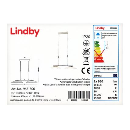 Lindby - Led Dimmable κρεμαστό φωτιστικό οροφής JUDIE 2xLED/11,5W/230V