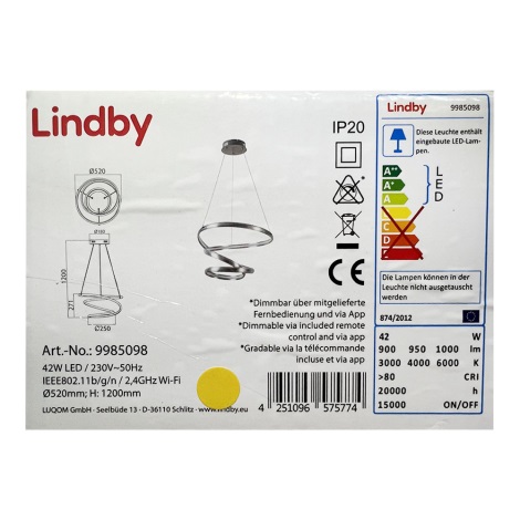 Lindby - Led Dimmable κρεμαστό φωτιστικό οροφής VERIO LED/230V + τηλεχειριστήριο