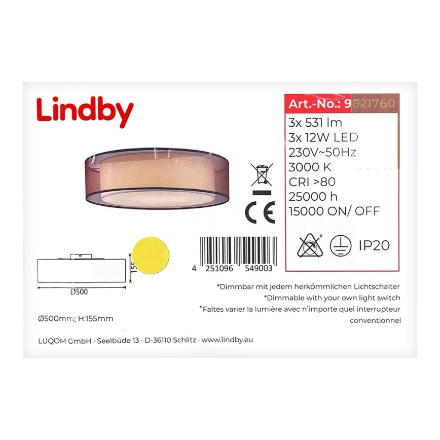 Lindby - LED Dimmable φωτιστικό οροφής AMON 3xLED/12W/230V