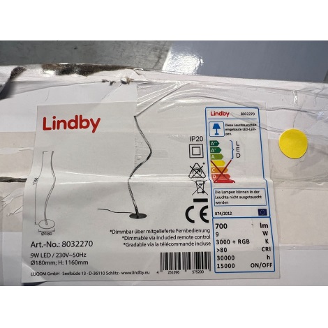 Lindby - LED RGB Dimmable φωτιστικό δαπέδου CRIOSTAL LED/9W/230V + τηλεχειριστήριο