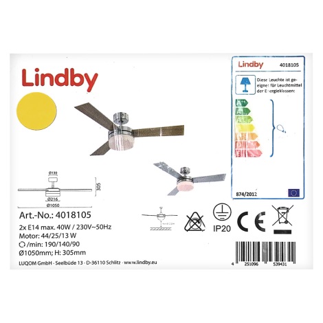 Lindby - Ανεμιστήρας οροφής ALVIN 2xE14/40W/230V + τηλεχειριστήριο