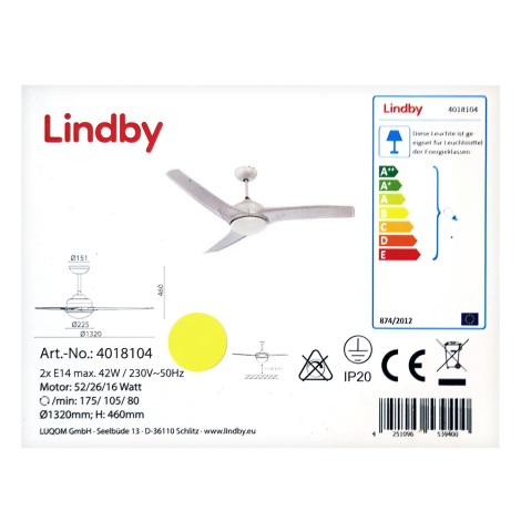 Lindby - Ανεμιστήρας οροφής EMANUEL 2xE14/42W/230V + τηλεχειριστήριο