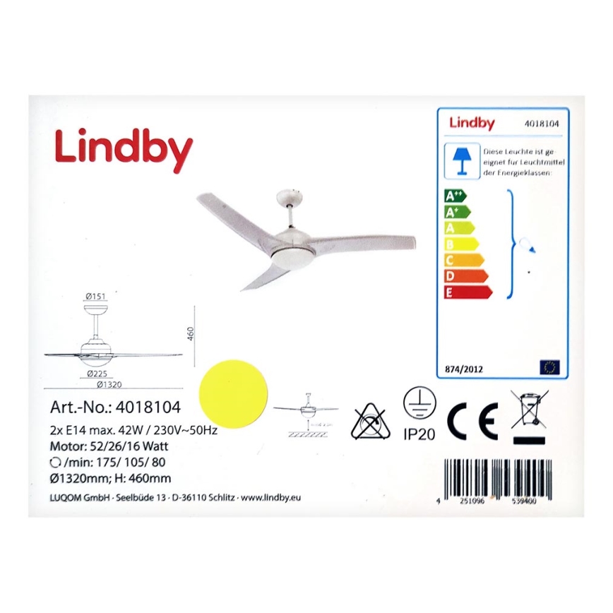 Lindby - Ανεμιστήρας οροφής EMANUEL 2xE14/42W/230V + τηλεχειριστήριο