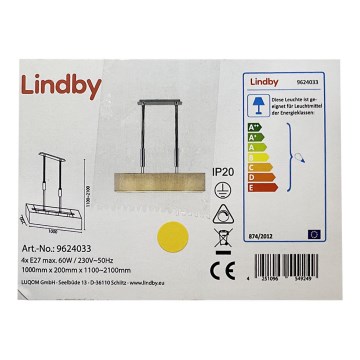 Lindby - -Κρεμαστό φωτιστικό οροφής ντιμαριζόμενο ράγα MARIAT 4xE27/60W/230V