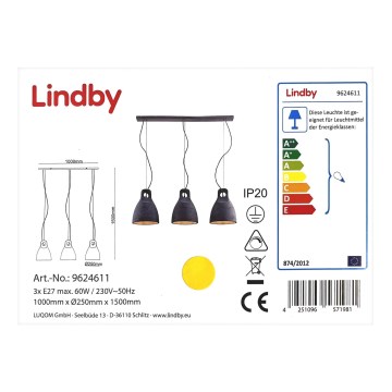 Lindby - Κρεμαστό φωτιστικό οροφής ράγα IBU 3xE27/60W/230V