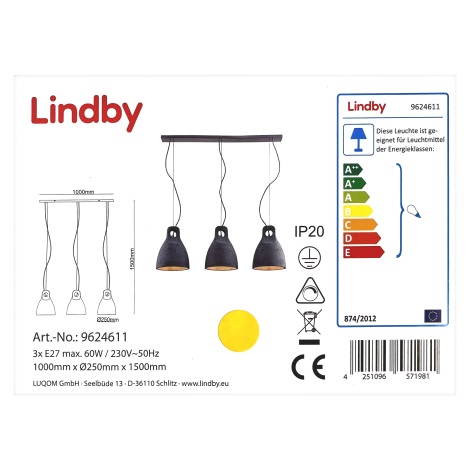 Lindby - Κρεμαστό φωτιστικό οροφής ράγα IBU 3xE27/60W/230V