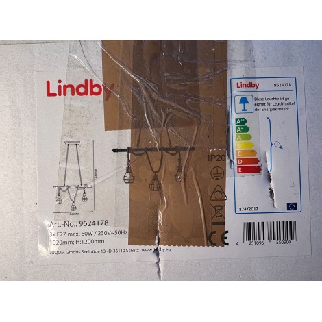 Lindby - Κρεμαστό φωτιστικό οροφής ράγα VENTURA 3xE27/60W/230V