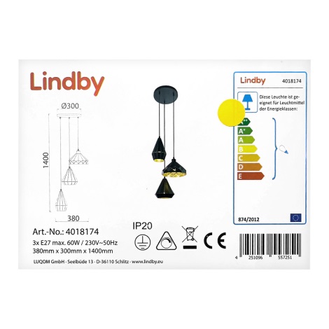 Lindby - Πολύφωτο με συρματόσχοινο 3xE27/60W/230V