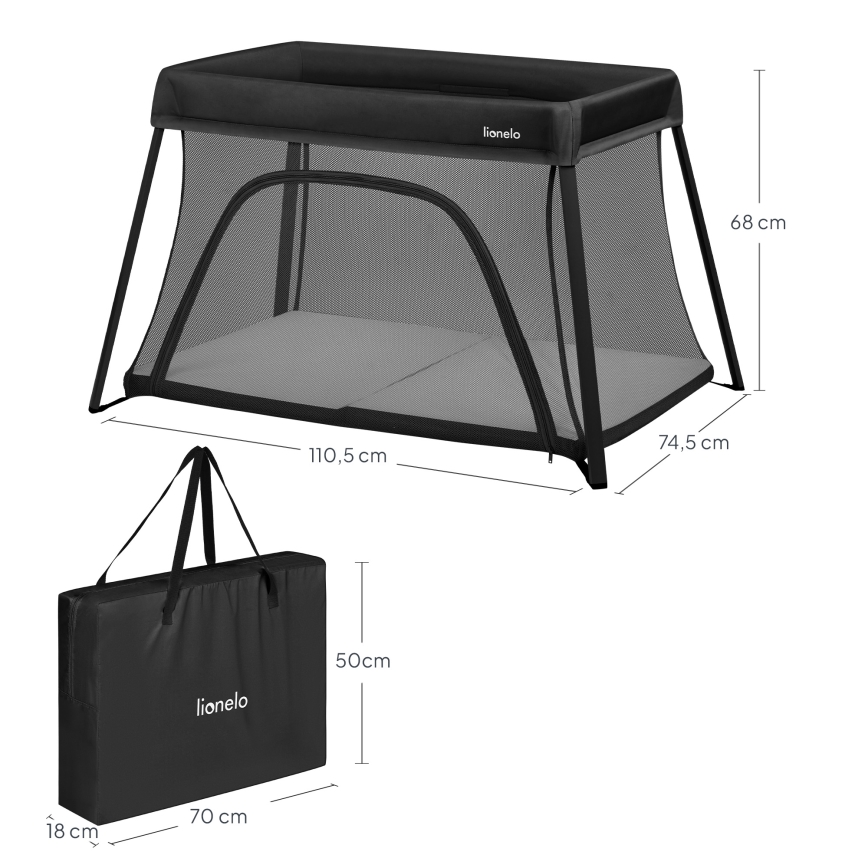 Lionelo - Φορητό ταξιδιωτικό παρκοκρέβατο 3-σε-1 ALICE Μαύρο
