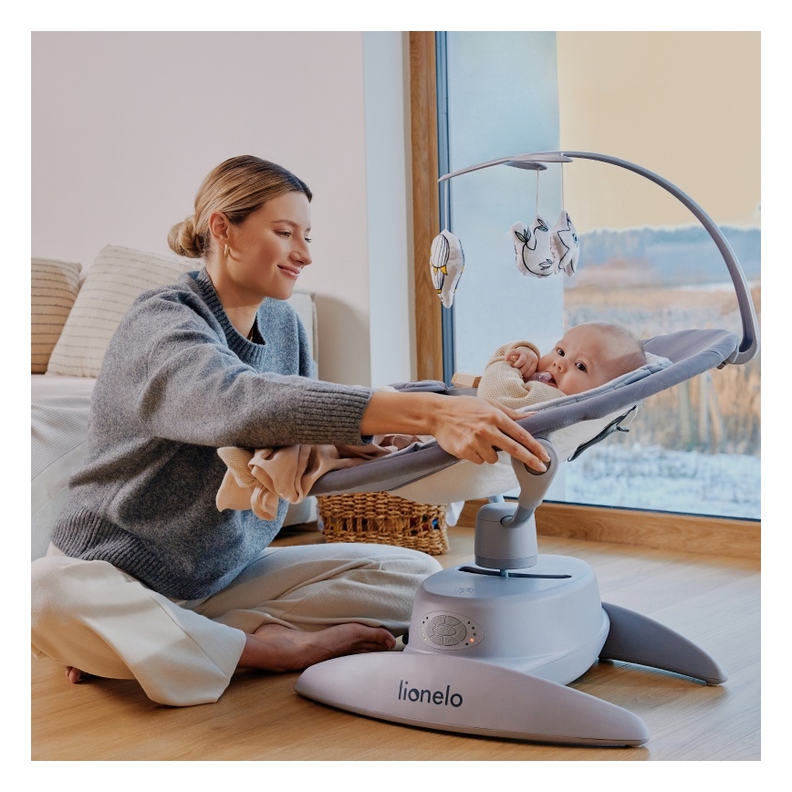 Lionelo - Κουνιστή παιδική καρέκλα με μελωδία MELL Grey Stone 4xAA + τηλεχειριστήριο