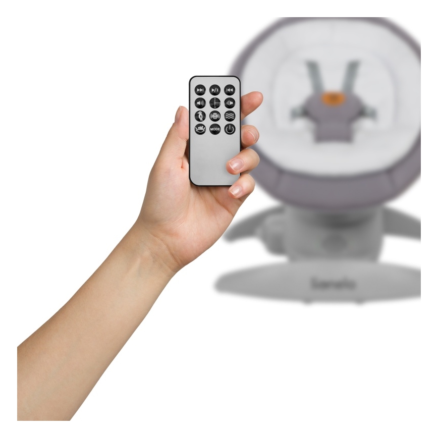 Lionelo - Κουνιστή παιδική καρέκλα με μελωδία MELL Grey Stone 4xAA + τηλεχειριστήριο