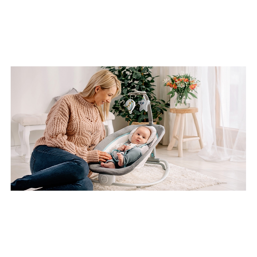 Lionelo - Κουνιστό παιδικό κάθισμα με δόνηση και μελωδία PASCAL 2xAA γκρι/τιρκουάζ