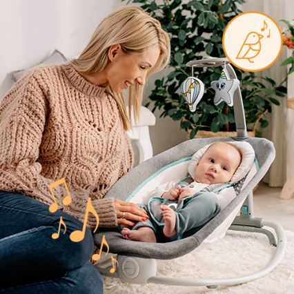 Lionelo - Κουνιστό παιδικό κάθισμα με δόνηση και μελωδία PASCAL 2xAA γκρι/τιρκουάζ