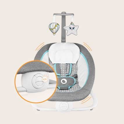 Lionelo - Κουνιστό παιδικό κάθισμα με δόνηση και μελωδία PASCAL 2xAA γκρι/τιρκουάζ