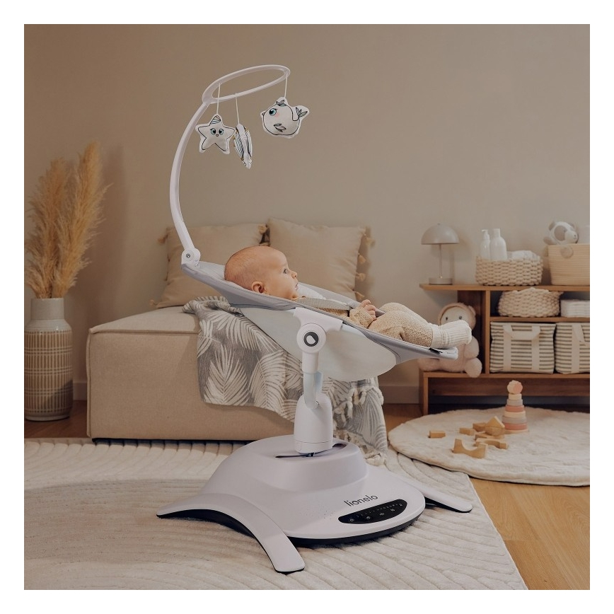 Lionelo - Παιδική κούνια με μελωδία 2 σε 1 BELLA 4xAA Grey Concrete + τηλεχειριστήριο