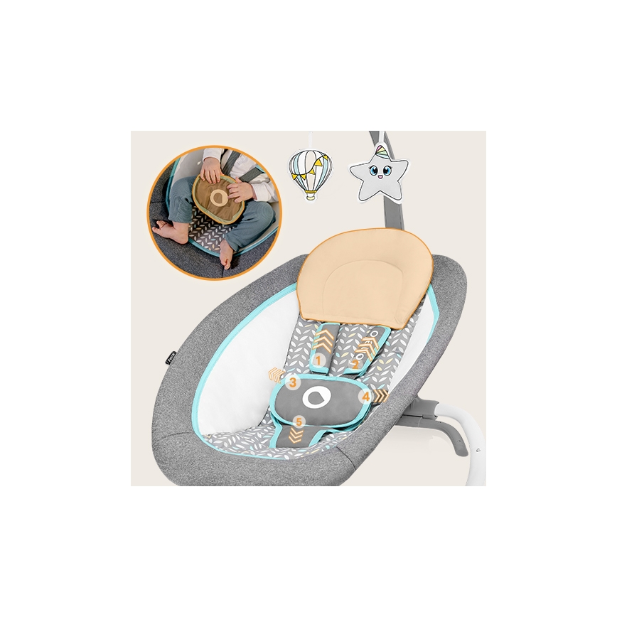 Lionelo - Βρεφικό relax με δόνηση με μουσική PASCAL 2xAA γκρι/τιρκουάζ