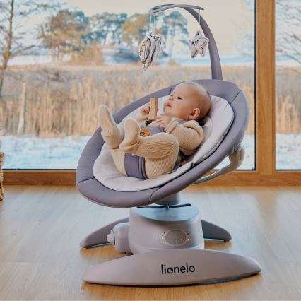 Lionelo - Κουνιστή παιδική καρέκλα με μελωδία MELL Grey Stone 4xAA + τηλεχειριστήριο