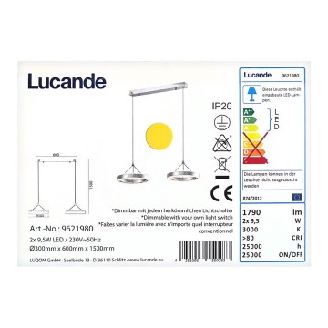 Lucande - LED Dimmable κρεμαστό φωτιστικό οροφής LYANI 2xLED/9,5W/230V