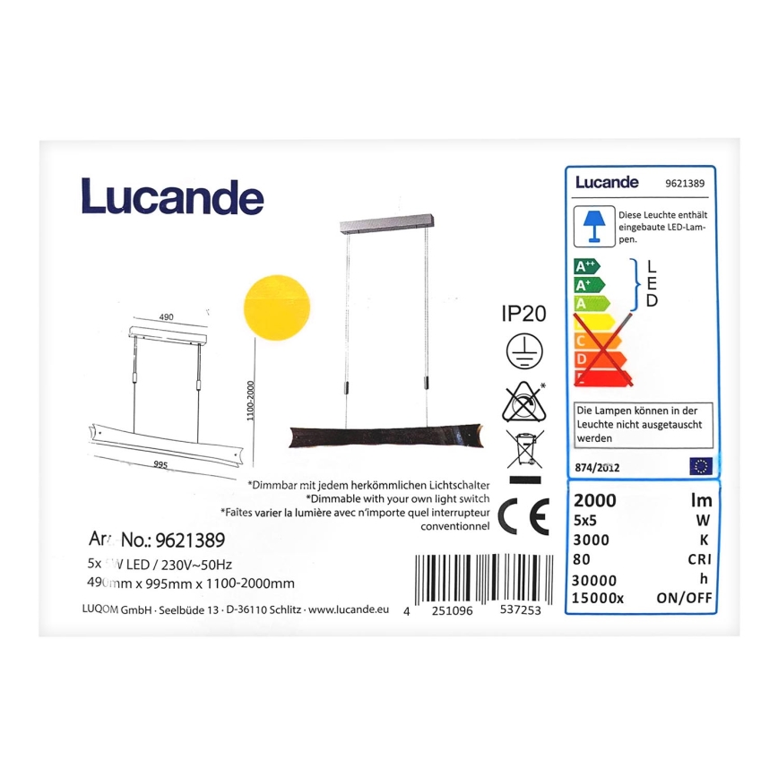 Lucande - Led Dimmable κρεμαστό φωτιστικό οροφής EBBA 5xLED/5W/230V