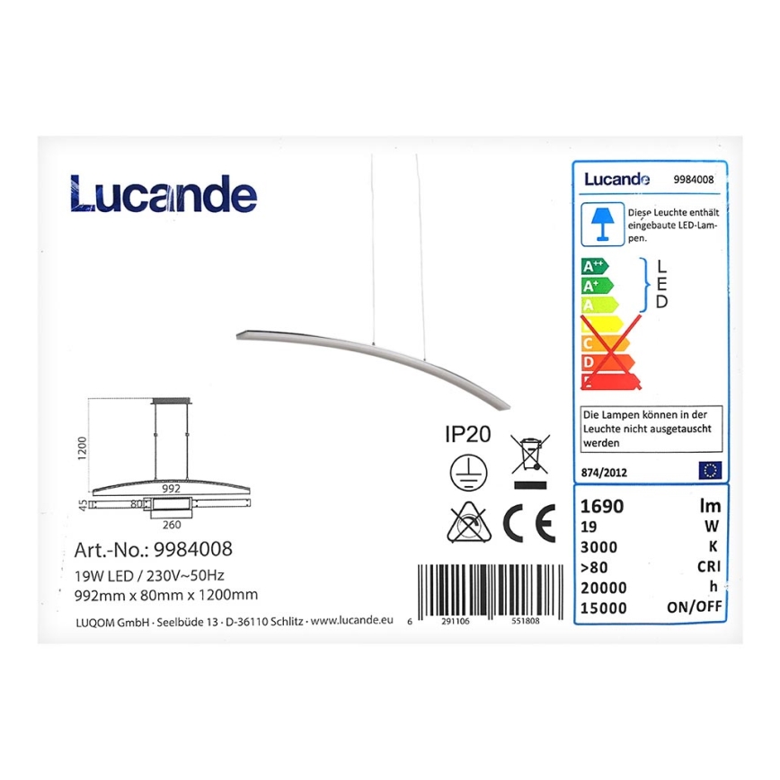 Lucande - Κρεμαστό φωτιστικό οροφής LED LORIAN LED/19W/230V