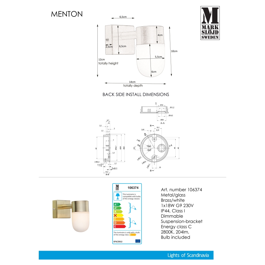 Markslöjd 106374 - Φωτιστικό τοίχου μπάνιου MENTON 1xG9 / 18W / 230V IP44