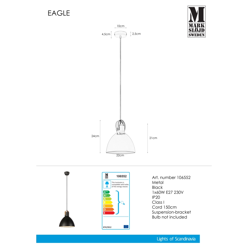 Markslöjd 106552 - Κρεμαστό φωτιστικό οροφής EAGLE 1xE27/60W/230V μαύρο