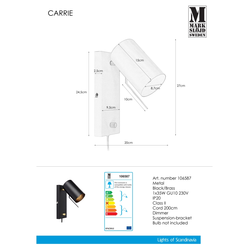 Markslöjd 106587 - Φως τοίχου με dimmer CARRIE 1xGU10/35W/230V μαύρο