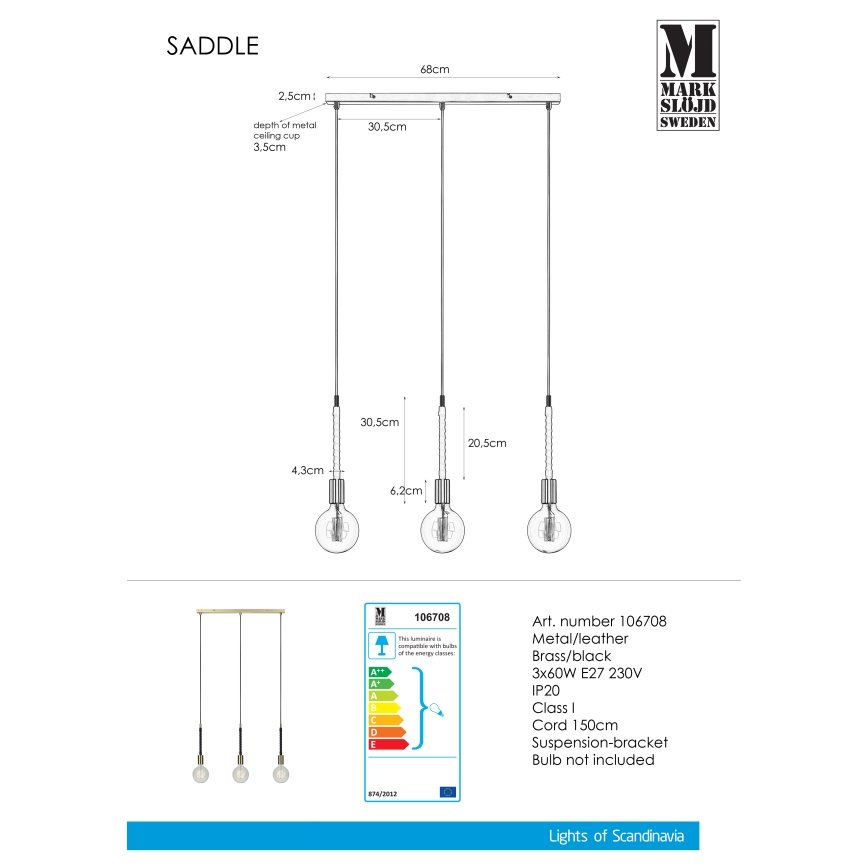 Markslöjd 106708 - Πολύφωτο σε σχοινί SEDLO 3xE27/60W/230V