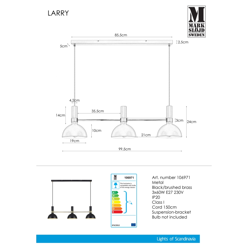 Markslöjd 106971 - Πολύφωτο σε σχοινί LARRY 3xE27/60W/230V μαύρο/χρυσαφί