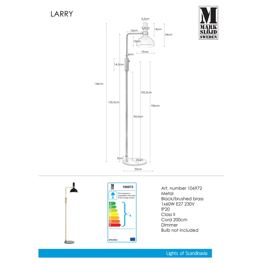 Markslöjd 106972 - Επιδαπέδια λάμπα dimmer LARRY 1xE27/60W/230V μαύρο/χρυσαφί