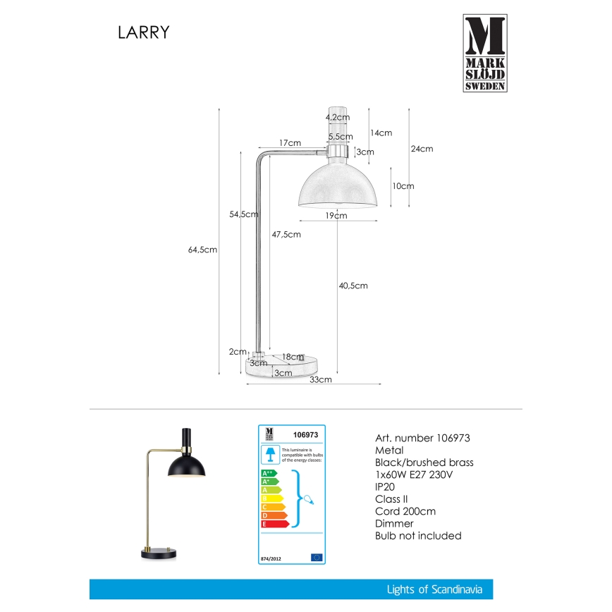 Markslöjd 106973 - Επιτραπέζια λάμπα dimmer LARRY 1xE27/60W/230V