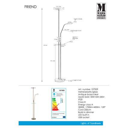 Markslöjd 107009 - Επιδαπέδια λάμπα dimmer LED FRIEND LED/18W/230V + LED/5W