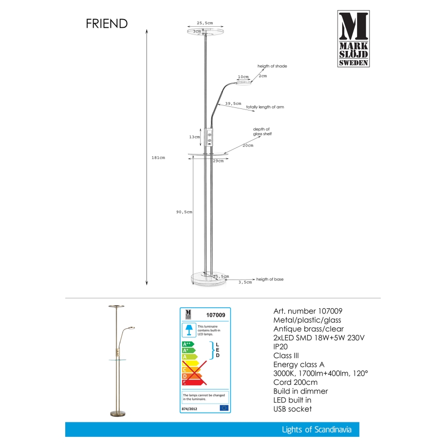 Markslöjd 107009 - Επιδαπέδια λάμπα dimmer LED FRIEND LED/18W/230V + LED/5W