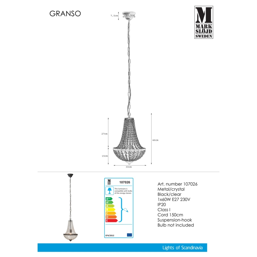 Markslöjd 107026 - Κρυστάλλινο πολύφωτο με αλυσίδα GRÄNSÖ 1xE27/60W/230V