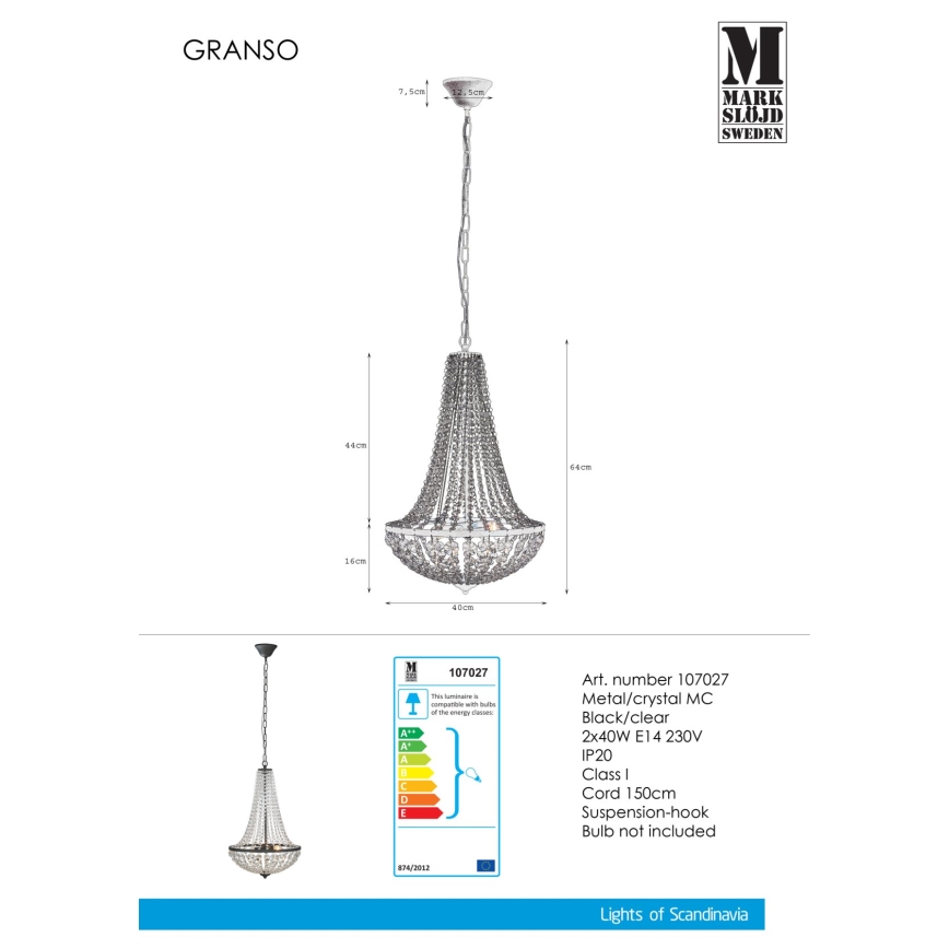 Markslöjd 107027 - Κρυστάλλινο πολύφωτο με αλυσίδα GRÄNSÖ 2xE14/40W/230V