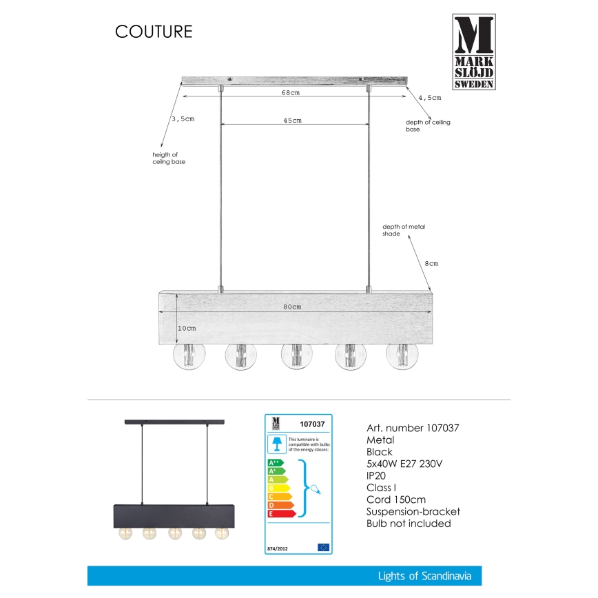 Markslöjd 107037 - Πολύφωτο σε σχοινί COUTURE 5xE27/40W/230V