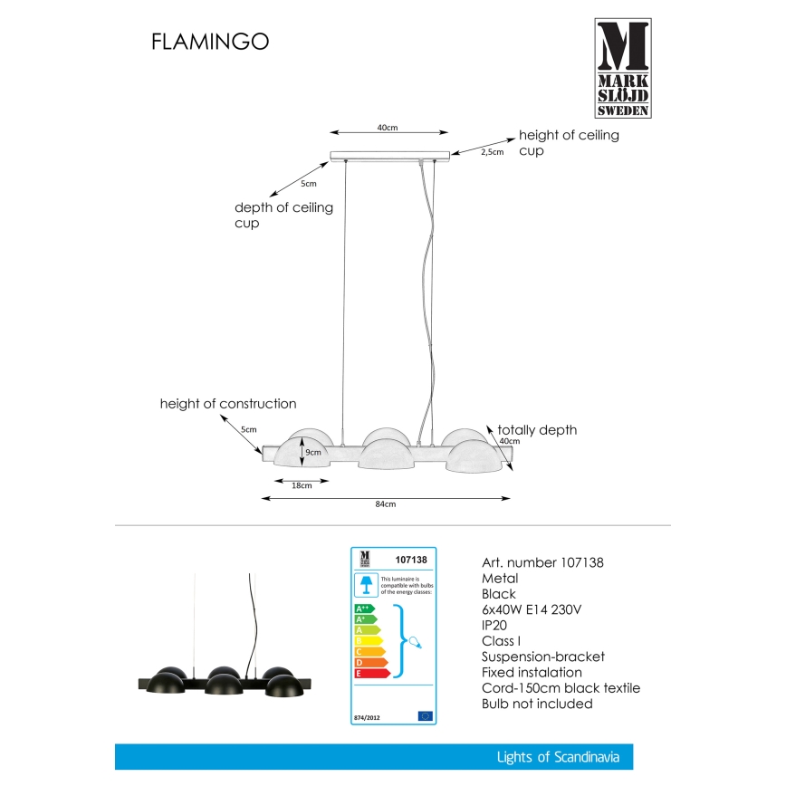 Markslöjd 107138 - Πολύφωτο σε σχοινί FLAMINGO 6xE14/40W/230V μαύρο