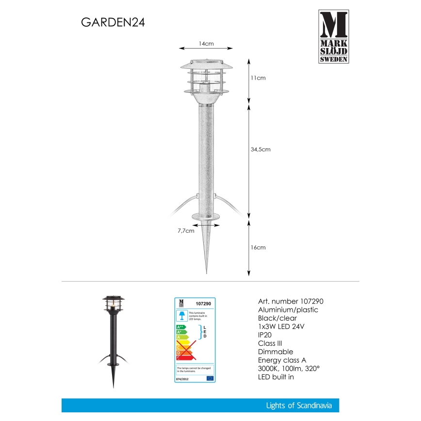 Markslöjd 107290 - Φωτιστικό LED εξωτερικού χώρου GARDEN 24 LED/3W/24V 45 cm IP44 μαύρο