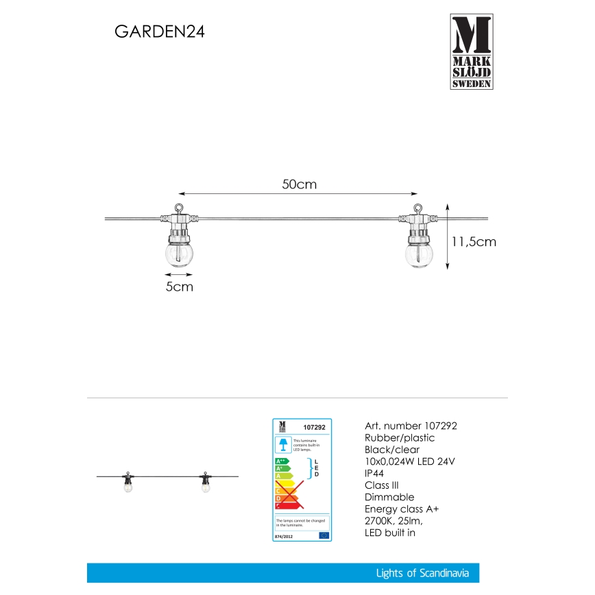 Markslöjd 107292 - LED Διακοσμητικά λαμπάκια εξωτερικού χώρου GARLAND GARDEN 10xLED 5,5m IP44