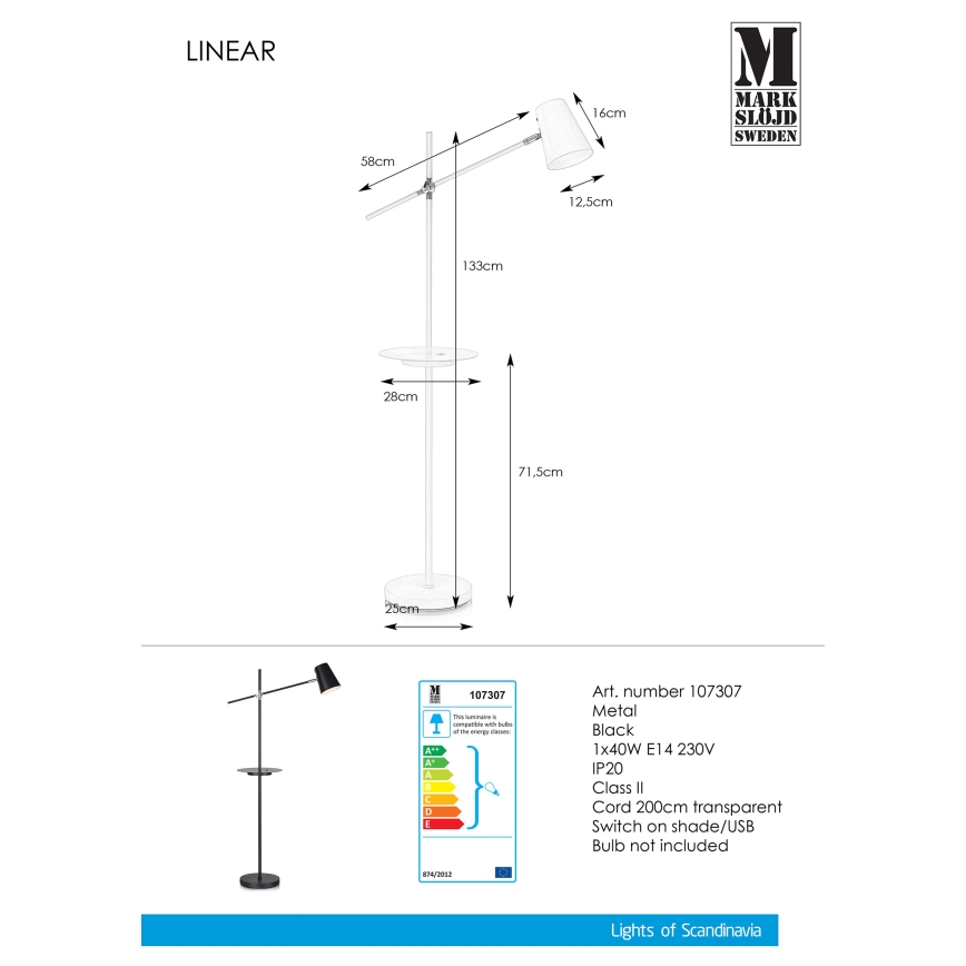 Markslöjd 107307 - Επιδαπέδια λάμπα s USB LINEAR 1xE14/40W/230V