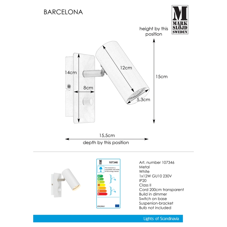 Markslöjd 107346 - Φως σποτ τοίχου με dimmer BARCELONA 1xGU10/12W/230