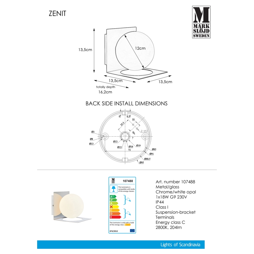 Markslöjd 107488 - Επιτοίχιο φωτιστικό μπάνιου ZENIT 1xG9/18W/230V IP44