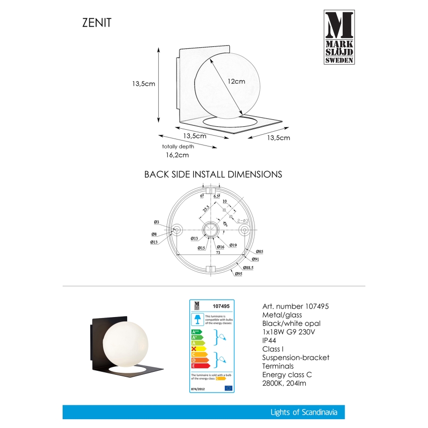 Markslöjd 107495 - Επιτοίχιο φωτιστικό μπάνιου ZENIT 1xG9/18W/230V IP44