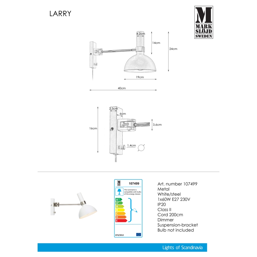 Markslöjd 107499 - Ρυθμιζόμενο φωτιστικό τοίχου LARRY 1xE27/60W/230V